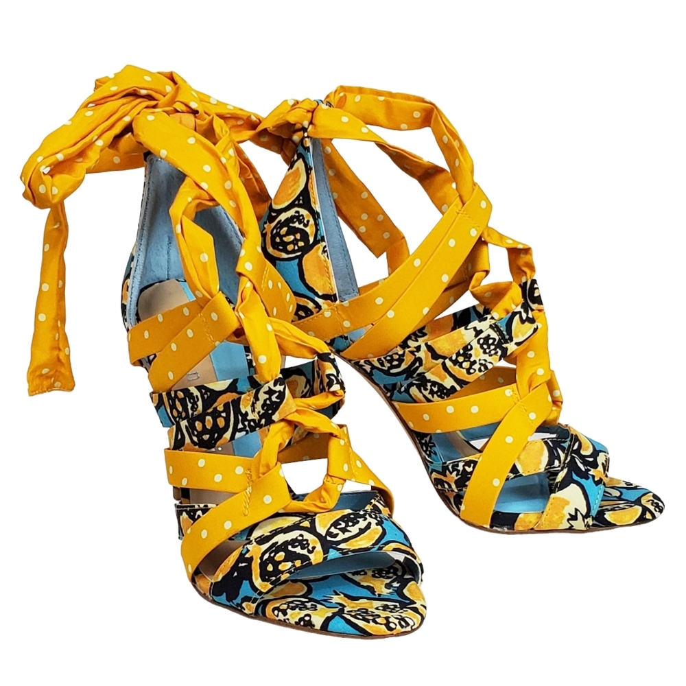 Gianni Bini Yellow Patterned Wrap-Heel Sandals - Picture 5 of 13